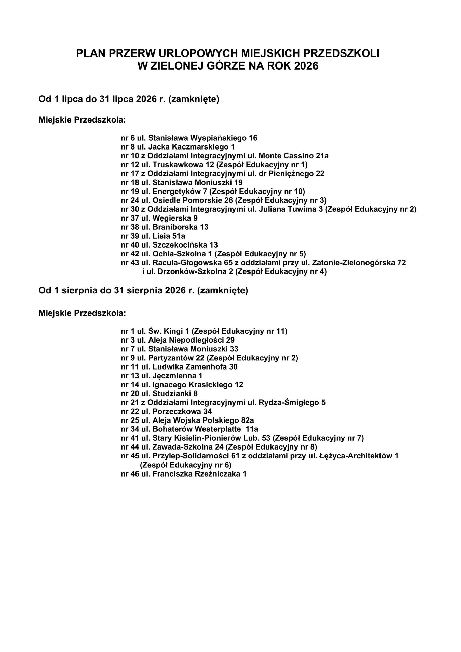 Plan przerw urlopowych zielonogórskich przedszkoli